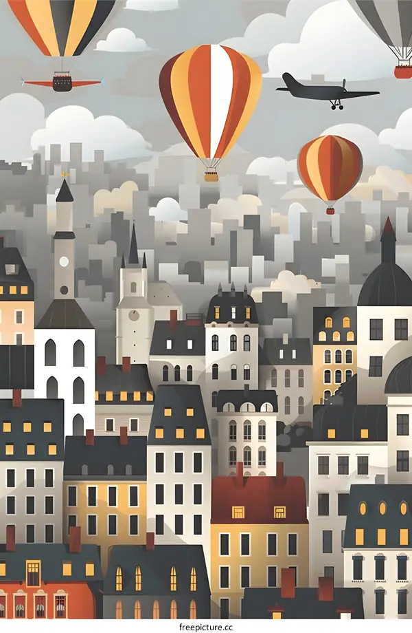 Illustration Of Colorful Hot Air Balloons Flying Over A City
