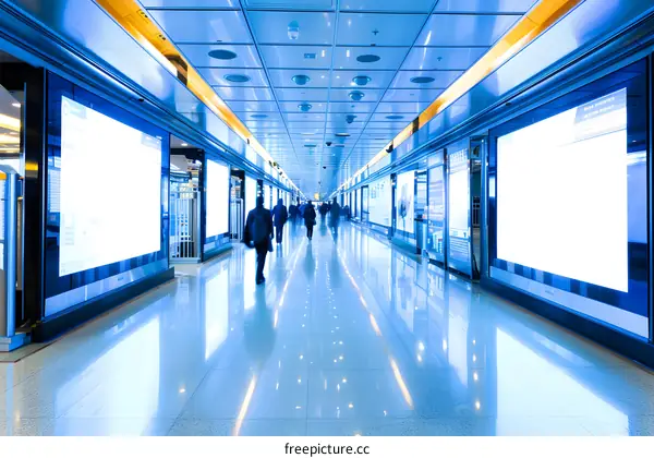 Modern Subway Station with Large Digital Displays and People Walking Through