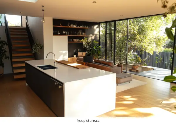 Modern Open-Plan Kitchen with Garden View