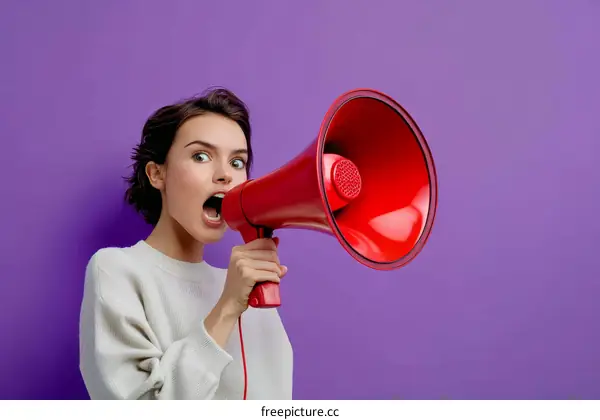 Woman Shouting Through Megaphone Against Purple Background