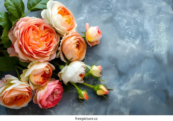 Peach Roses Bouquet on Gray Background