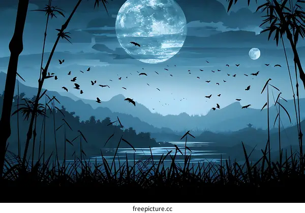 Blue Sky With Mountains And Flying Birds Illustration