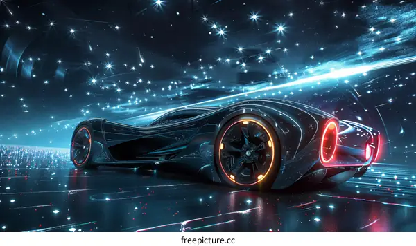 futuristic car with glowing wheels driving through a digital landscape