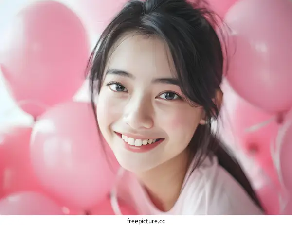 Happy Asian Girl with Pink Balloons
