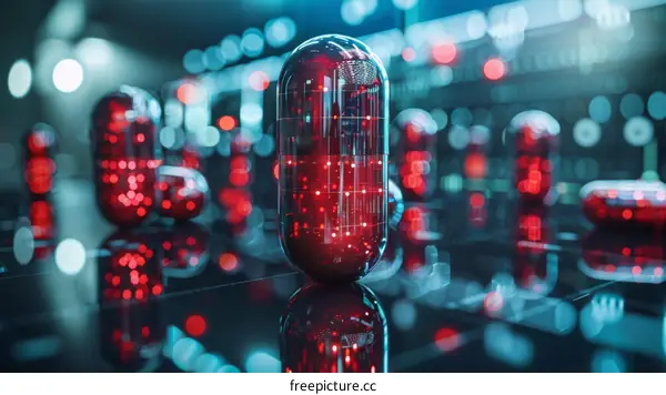 Futuristic pills containing a variety of drugs and vitamins