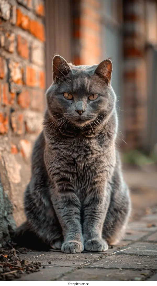 A gray cat is sitting on the ground in front of a brick wall