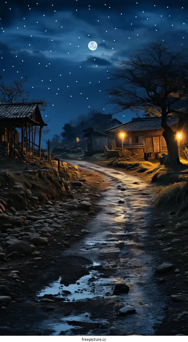 A moonlit village with a stone path and traditional houses