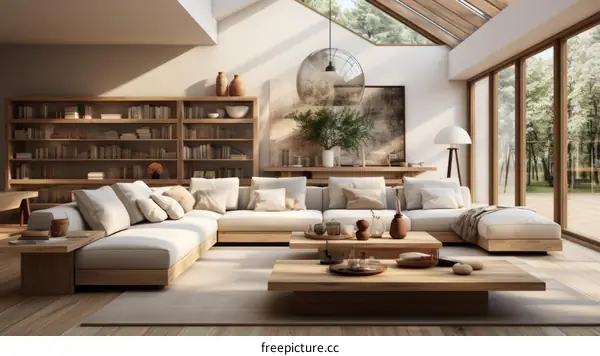 Bright and Airy Living Room With Modern Furniture and Wood Accents