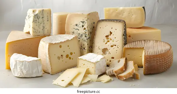 Assortment of Cheeses and Bread on a Light Grey Background