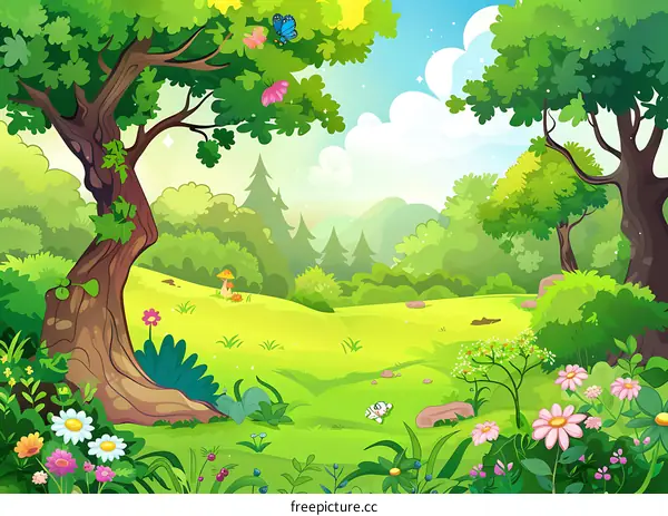 Beautiful Green Forest Illustration With Flowers And Butterflies