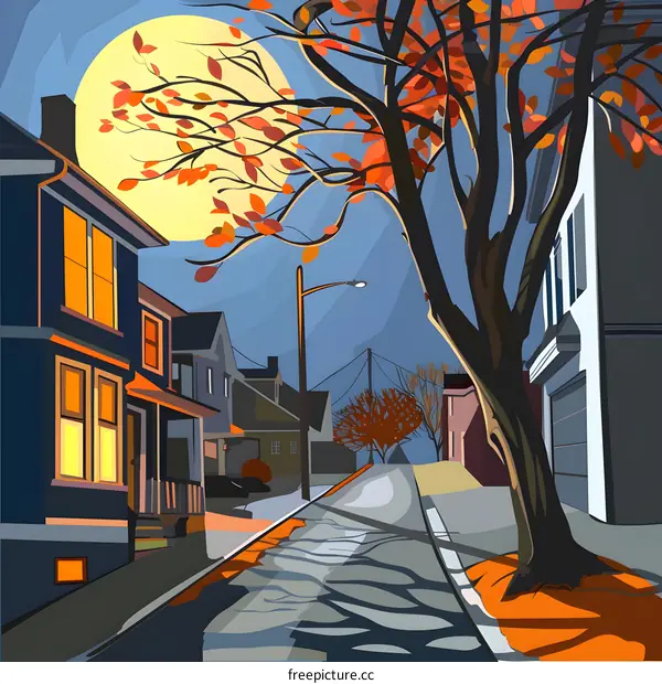 Autumn Night Street Scene with Full Moon
