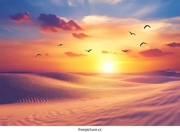 Sunset Over White Sand Dunes With Flying Birds
