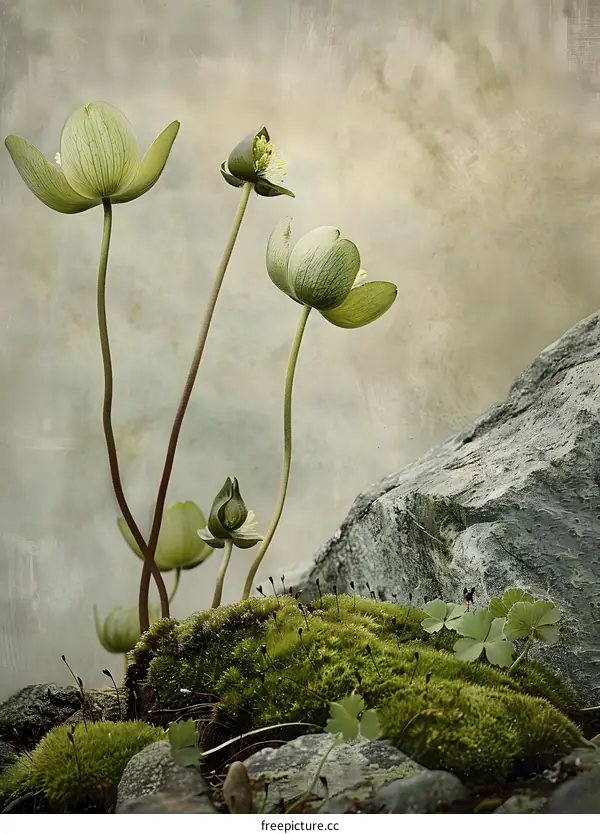 Green Flowers and Mossy Rocks