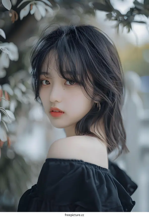 Asian Woman in Black Top Posing in Front of White Flowers