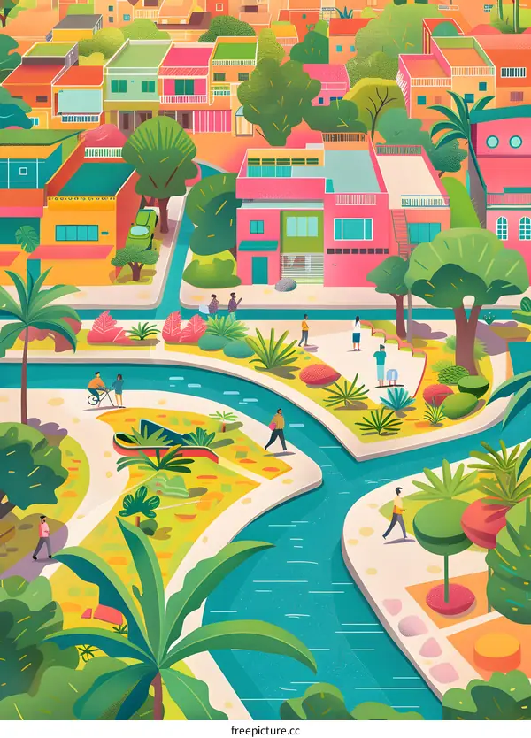 Colorful Illustration of a City Park With Winding Waterways and People Walking