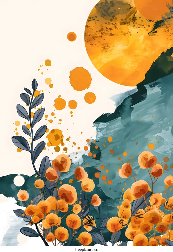 Abstract Watercolor Painting with Yellow Flowers