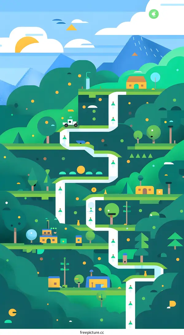 Abstract Landscape with Waterfall and Houses