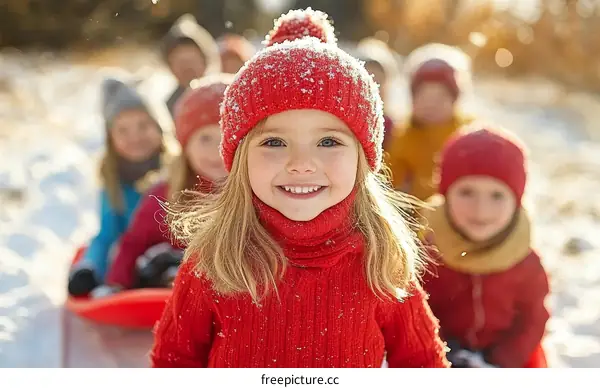 Children Snow Sledding Fun Winter Day