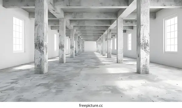 White Concrete Interior Hallway With Columns and Windows