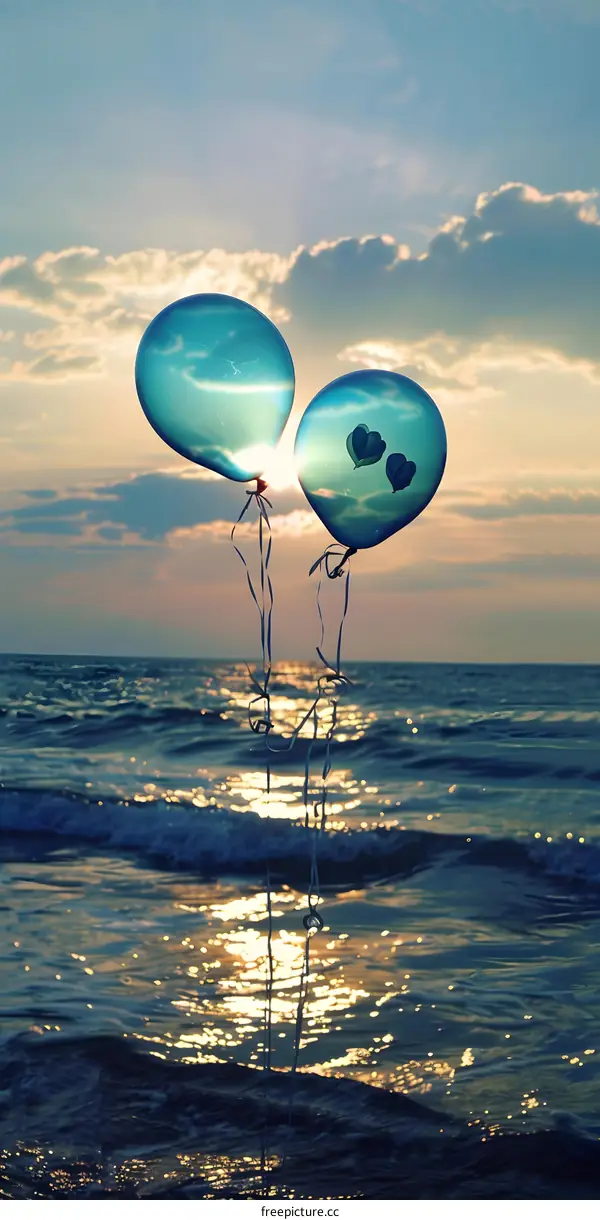 Blue Balloons Over the Ocean at Sunset