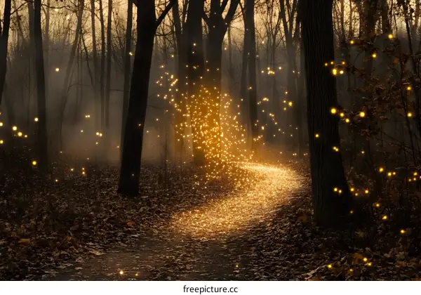 Magical Forest Path with Fireflies