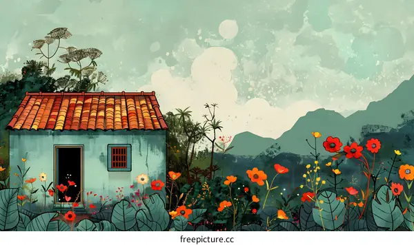 Watercolor Illustration of a House with Flowers