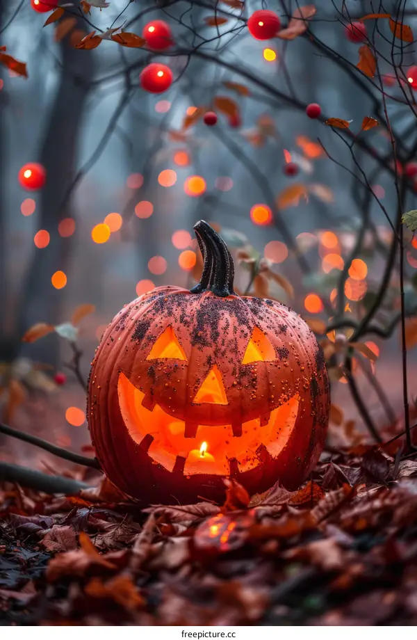 Spooky pumpkin in a dark forest