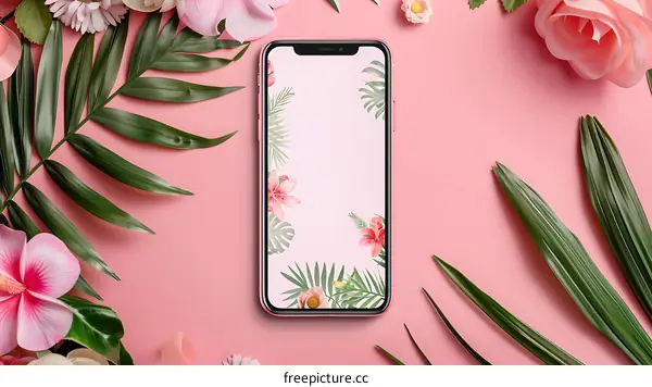 Pink Background With Green Leaves And Flowers