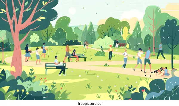 People Walking in Green Park Illustration