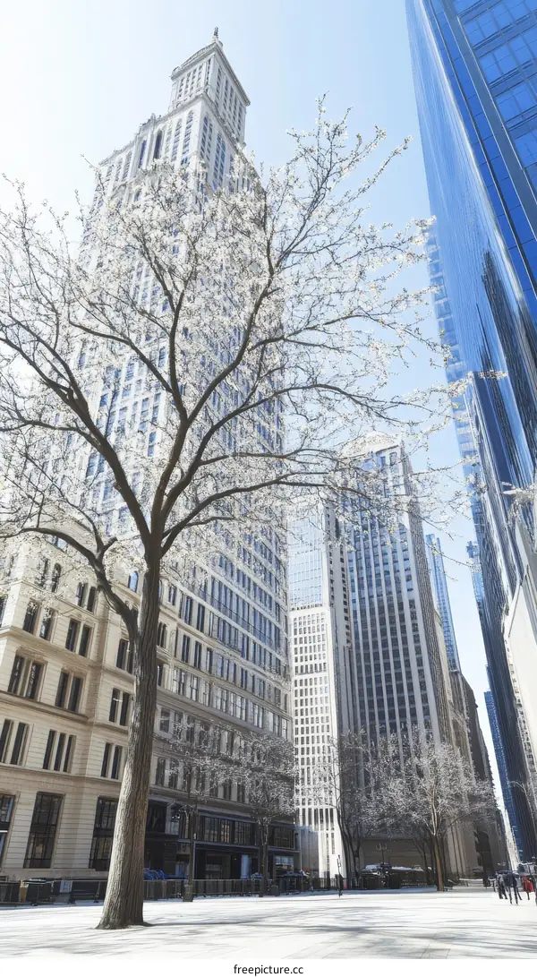 Cityscape with Historic Buildings and Blossoming Trees