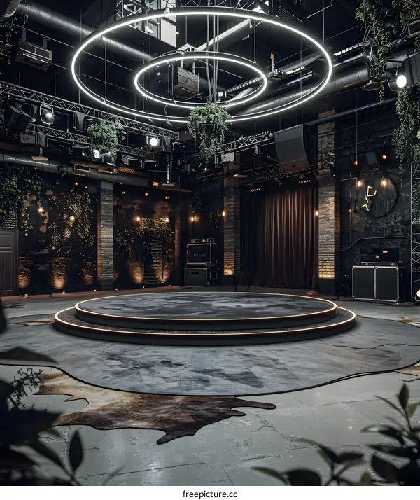 Circular Stage in a Dark Brick Room with Plants and Lights