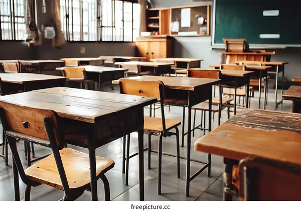 Empty Classroom Desks and Chairs