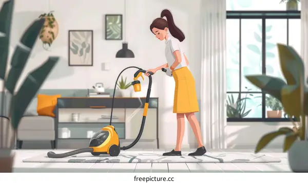 A woman is cleaning the floor with a vacuum cleaner
