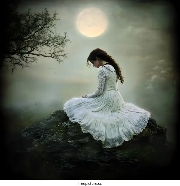 Lonely Woman Sitting on a Rock Under a Full Moon