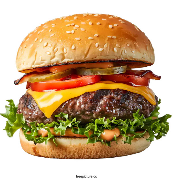 [Transparent Background PNG]Delicious Cheeseburger With Bacon, Tomato, and Pickles