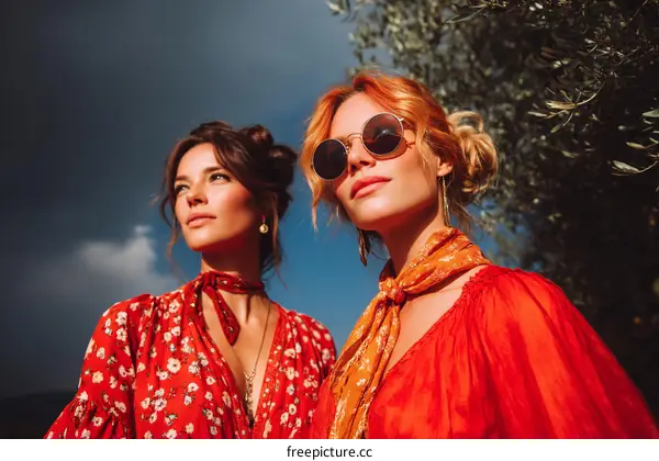 Two Beautiful Women in Red Floral Dresses Outdoors