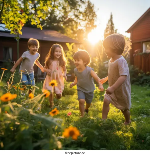 Four happy children running in a field of flowers