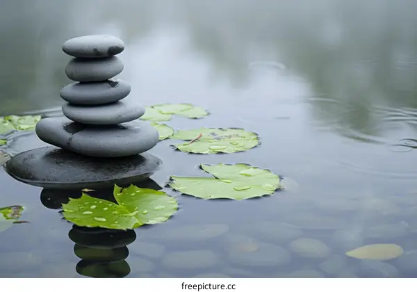 Stack of stones in water with lily pads