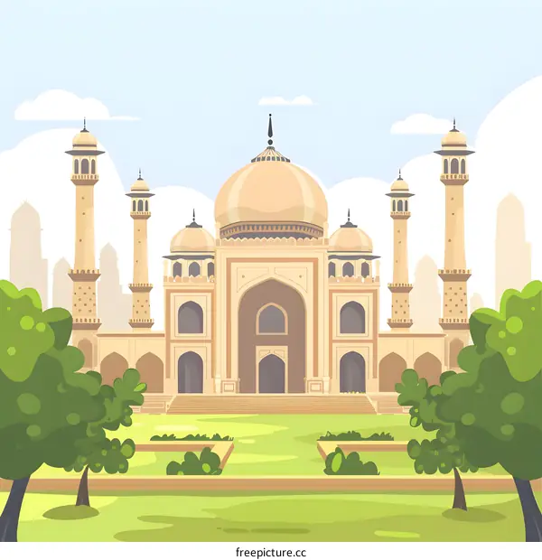 Illustration of a Mosque with Minarets in a City