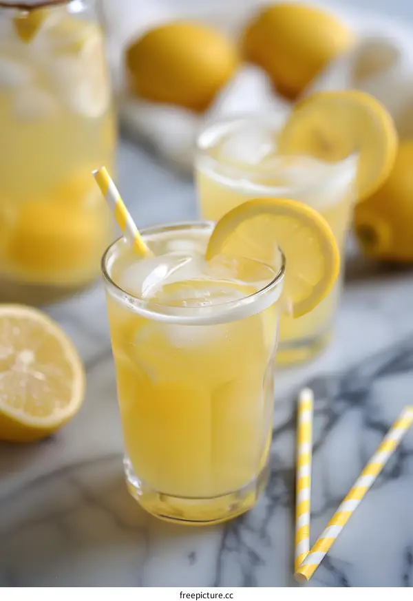 Refreshing Summer Lemonade with Ice and Lemon Slices