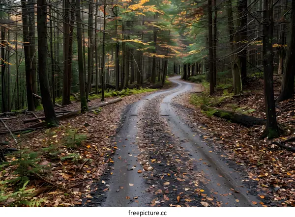Winding Forest Road in Autumn