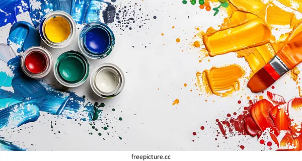 Colorful abstract painting with blue, green, white and yellow paint