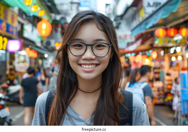 Smiling Asian Woman in a Busy City Street