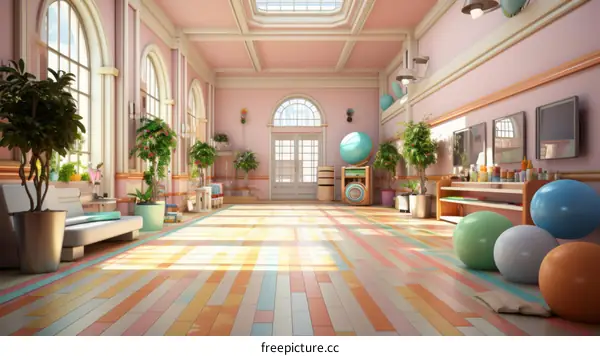 A brightly colored room with a variety of exercise equipment