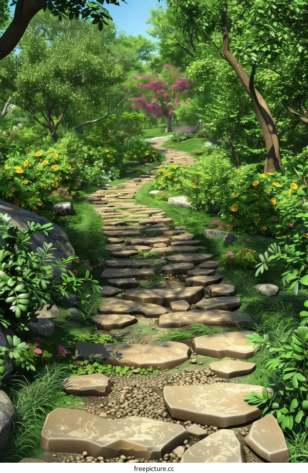 Stone path through a lush garden