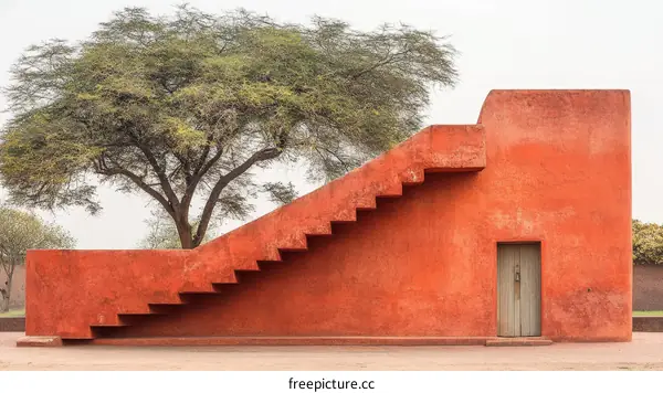 Modern Architecture with Red Walls and Staircase