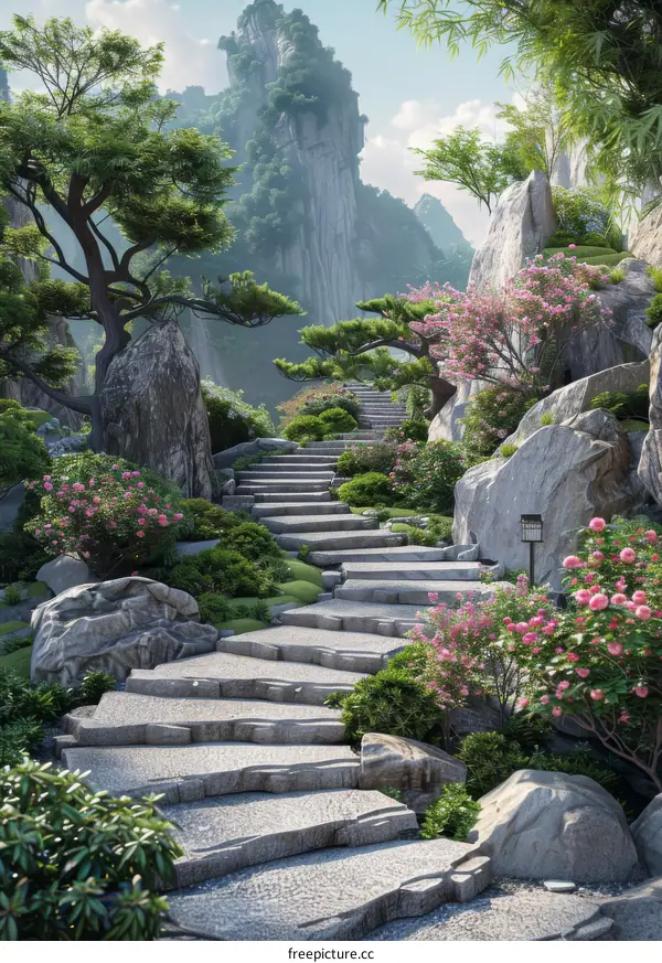 Stone Steps Leading to a Serene Forest