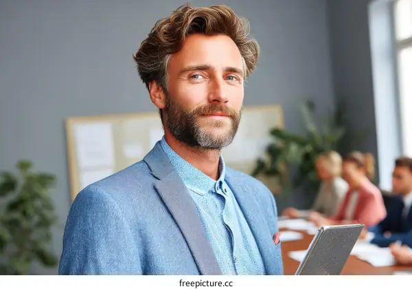 Confident Caucasian Businessman in Meeting Room