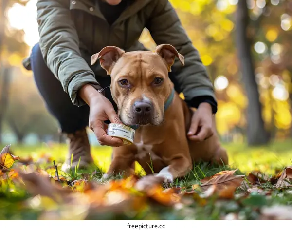 A person feeding a brown pit bull terrier dog a treat outdoors