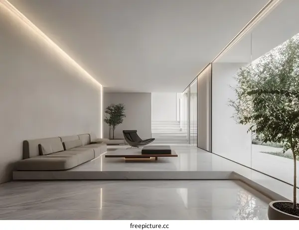 Modern Minimalist Living Room Interior Design with White Walls and Large Windows